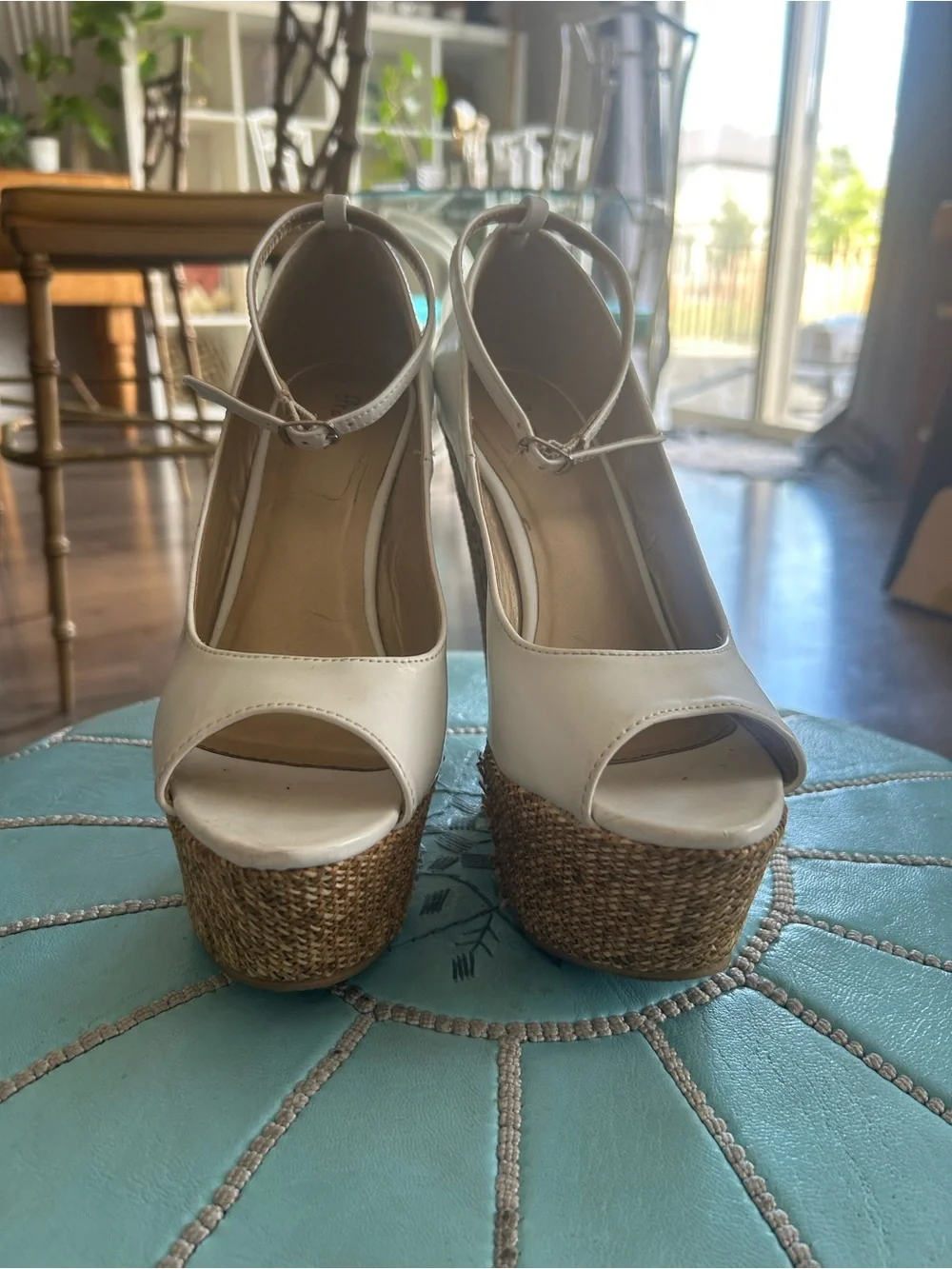 JustFab White Espadrille Wedge Peep-Toe with Ankle Strap